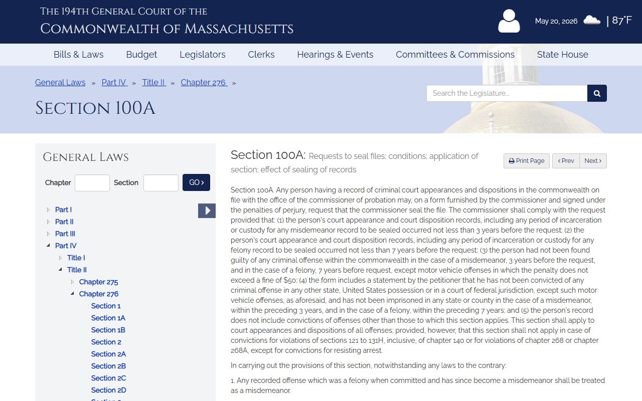 Worcester County criminal records sealing law c. 276 section 100A waiting periods
