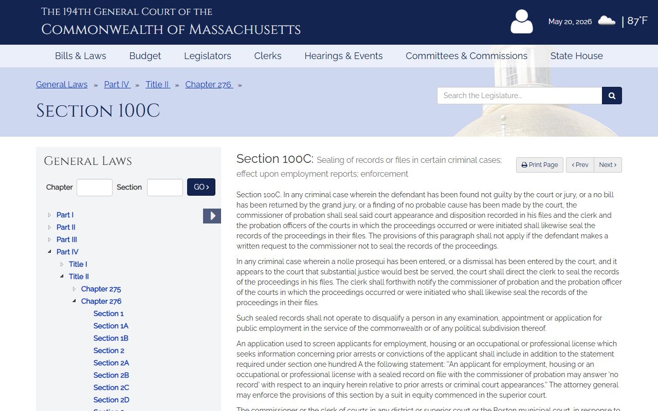 Worcester County arrest records sealing law c. 276 section 100C for nonconviction outcomes