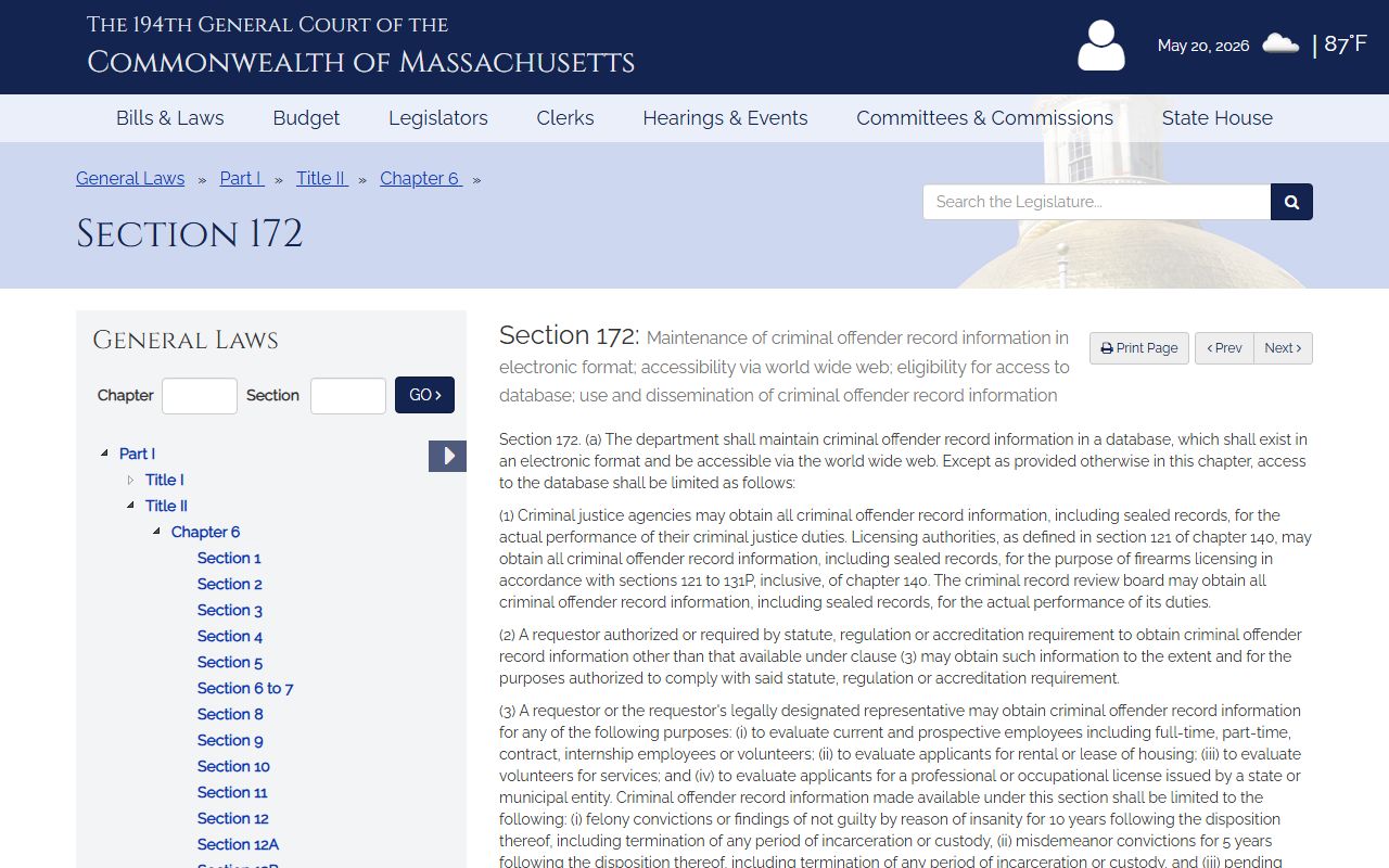 Worcester County arrest records CORI access law c. 6 section 172 dissemination rules