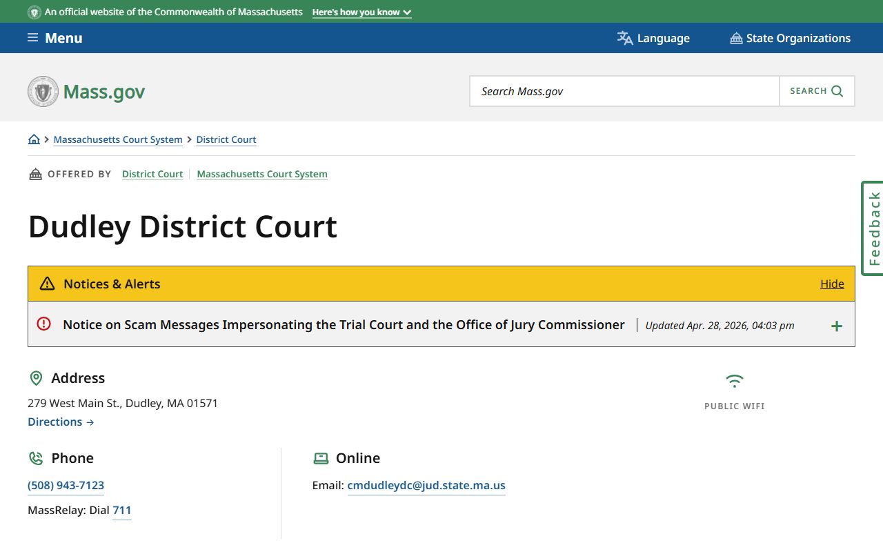 Dudley District Court location page for Worcester County clerk-magistrate and restraining-order matters