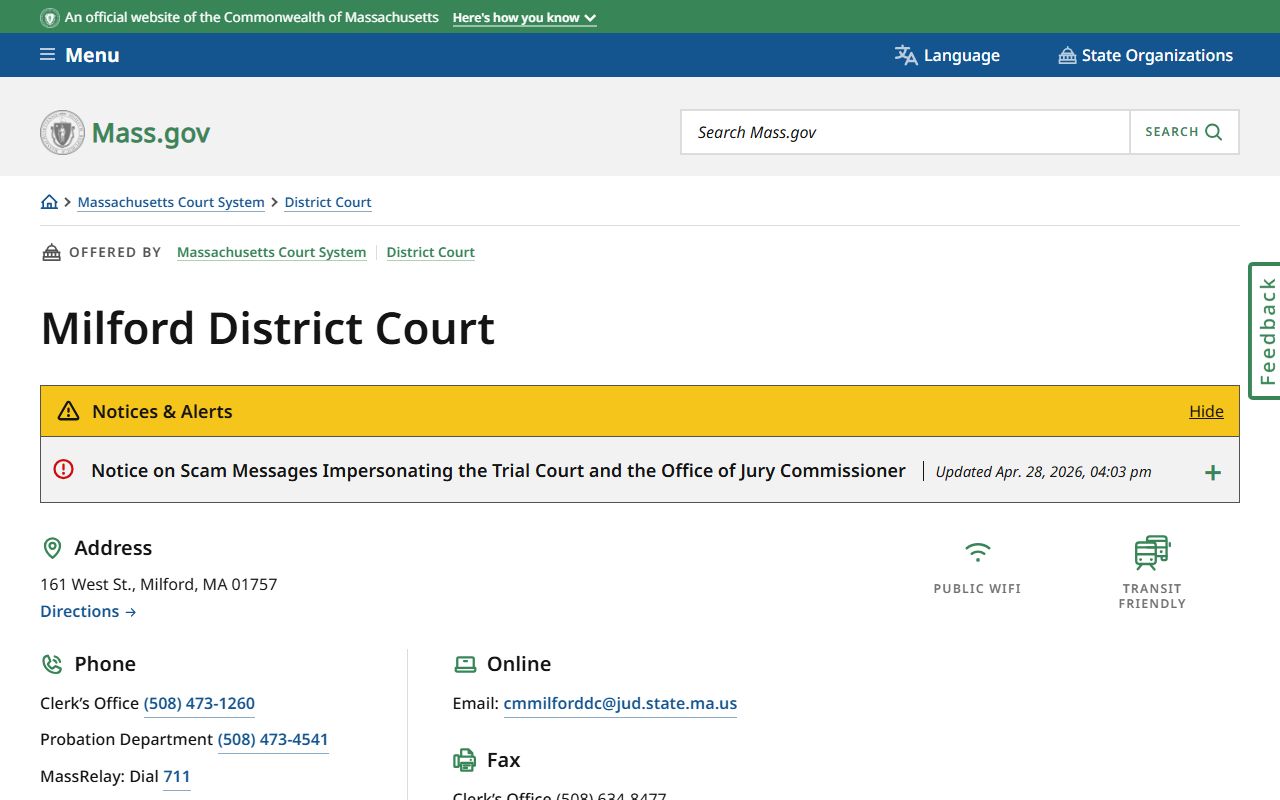 Milford District Court location page for Worcester County District Court case lookup