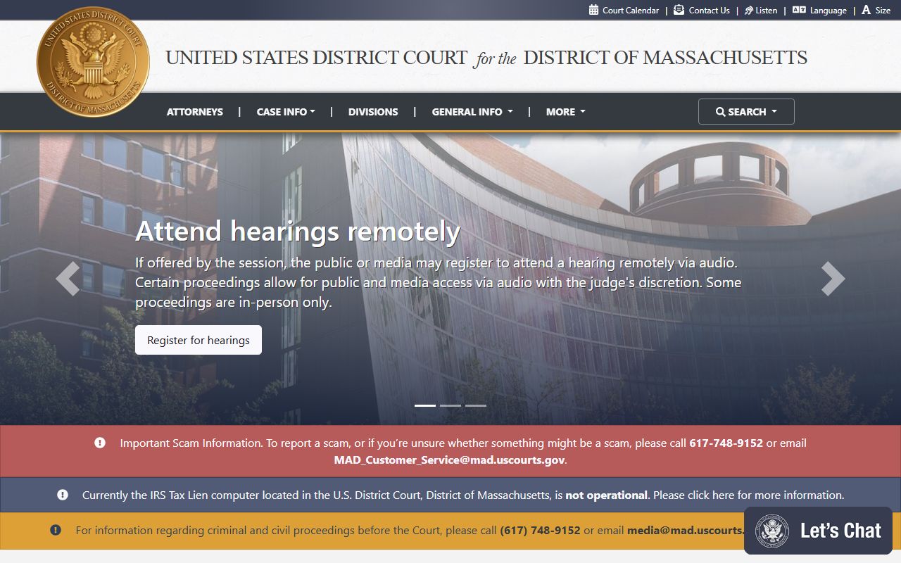 Worcester County federal courts US District Court of Massachusetts court records page