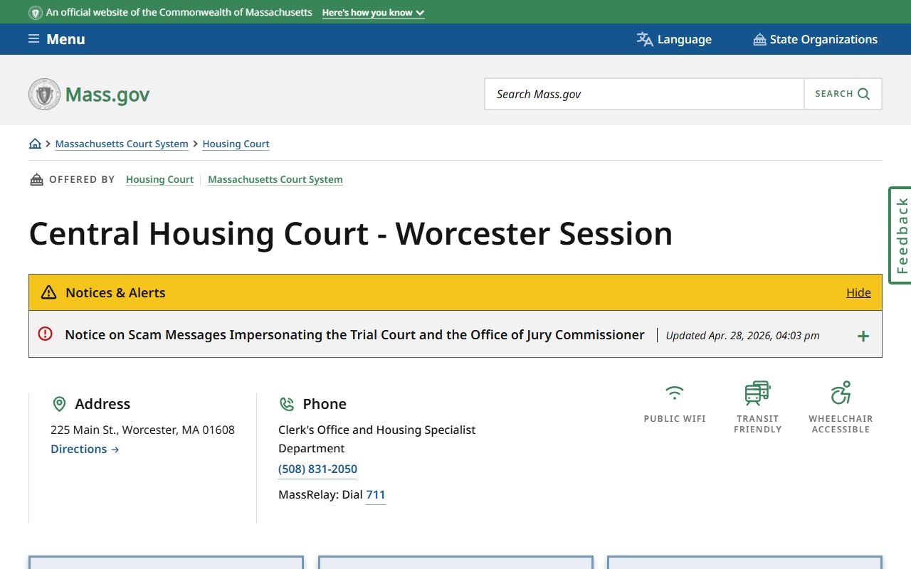 Central Housing Court Worcester Session page for Worcester County housing court records