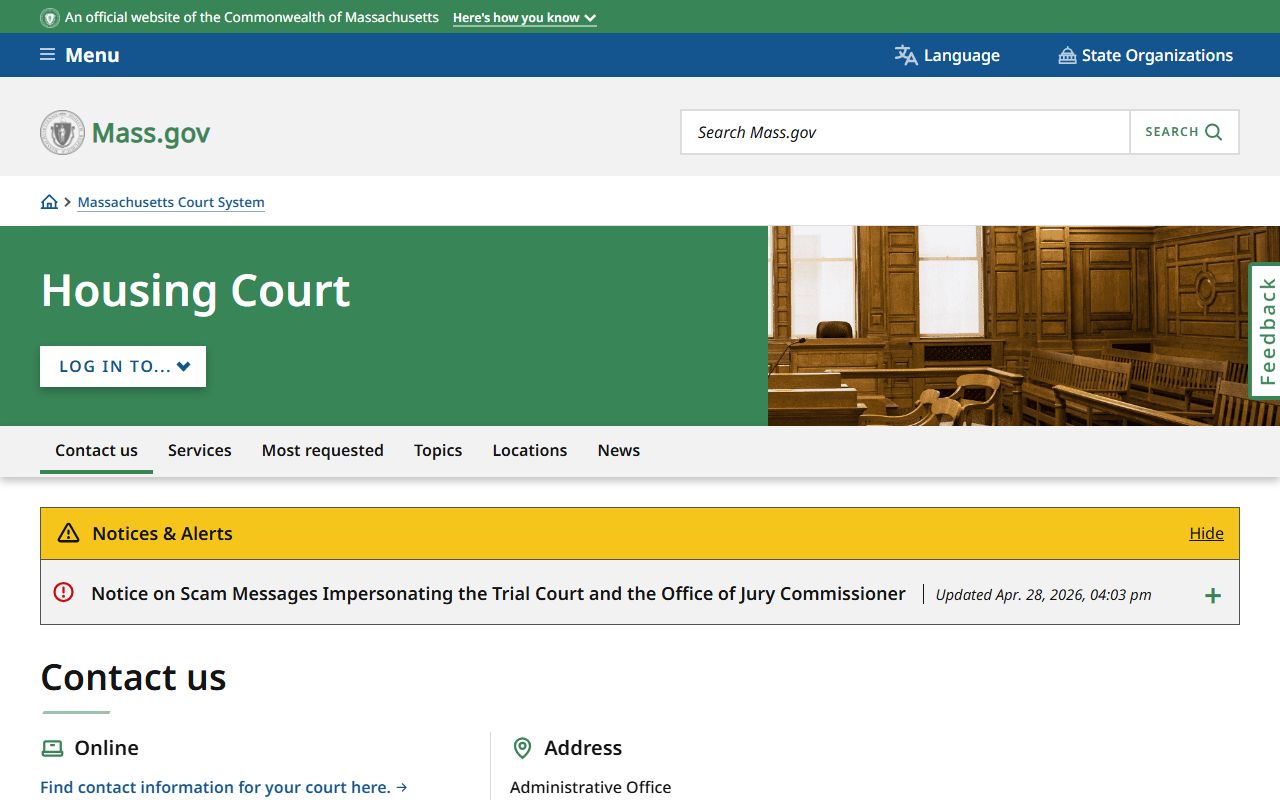 Massachusetts Housing Court page for Worcester County housing court records