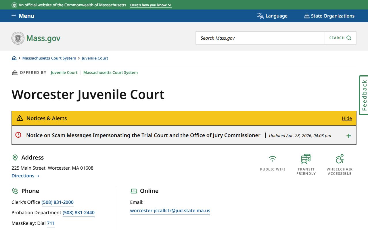 Worcester Juvenile Court page for restricted Worcester County court records