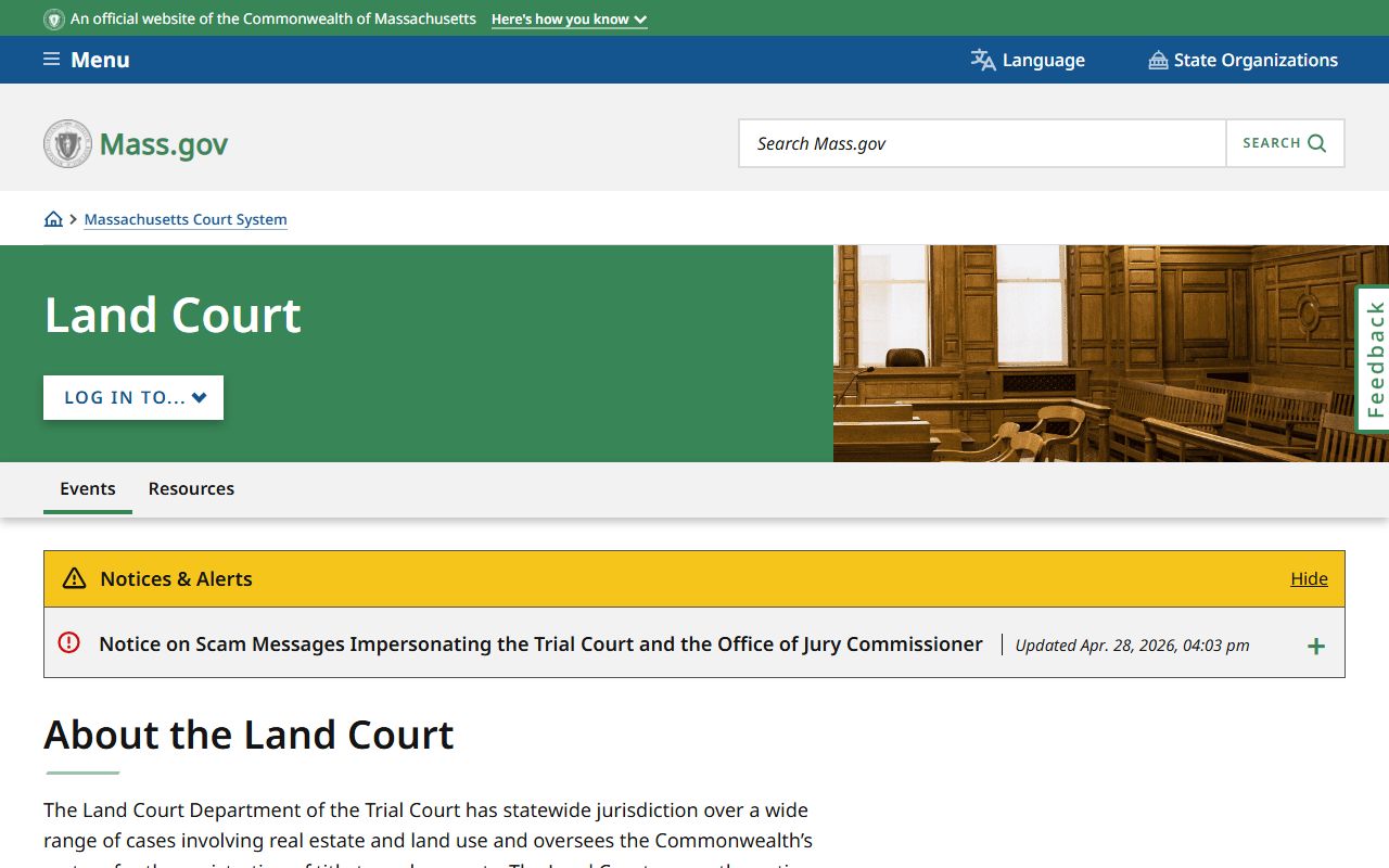 Massachusetts Land Court page for Worcester County registered land public records