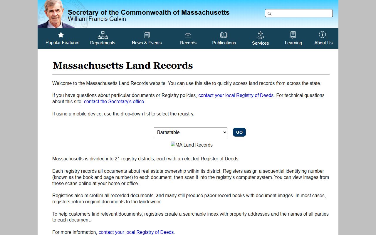 MassLandRecords portal for Worcester County public records land deed search
