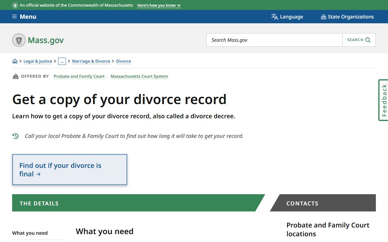 Worcester County divorce records copy request page for Massachusetts Probate and Family Court
