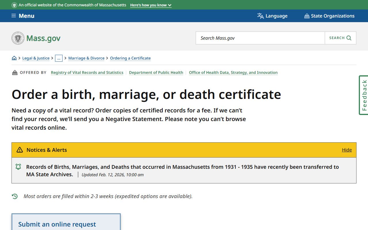 Worcester County marriage and divorce records order page for Massachusetts vital records certificates