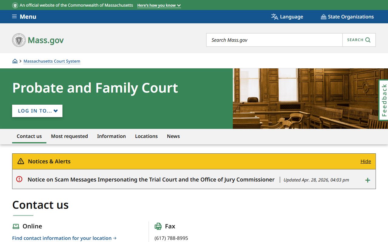 Massachusetts Probate and Family Court department page for Worcester County probate records