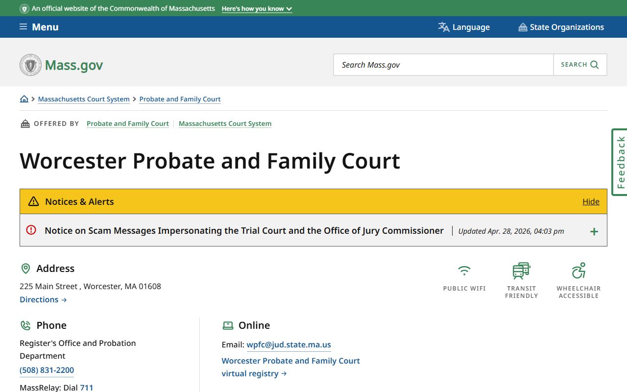 Worcester County probate records location page for the Worcester Probate and Family Court