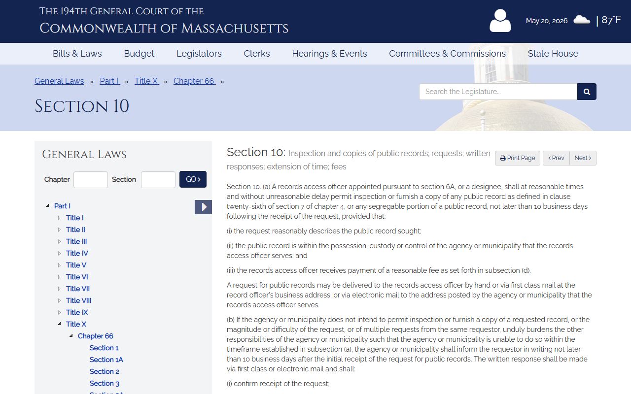 Worcester County public records access statute page for Massachusetts General Laws c. 66 section 10