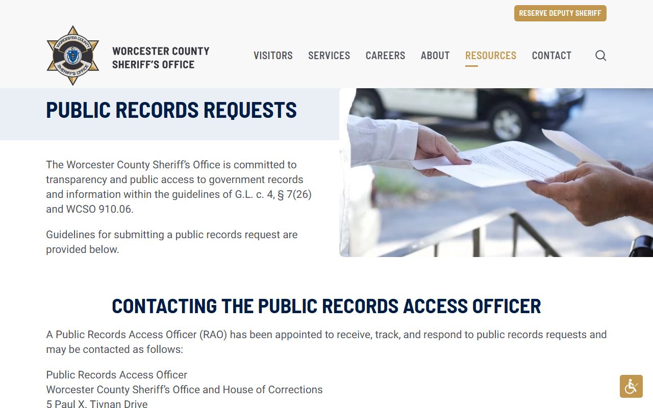 Worcester County Sheriff public records request page fields for a records request