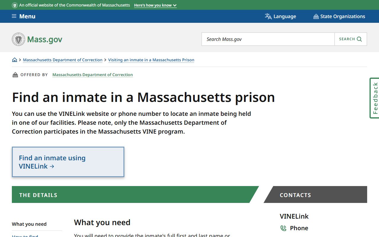 Massachusetts find an inmate in a state prison page for Worcester County inmate search