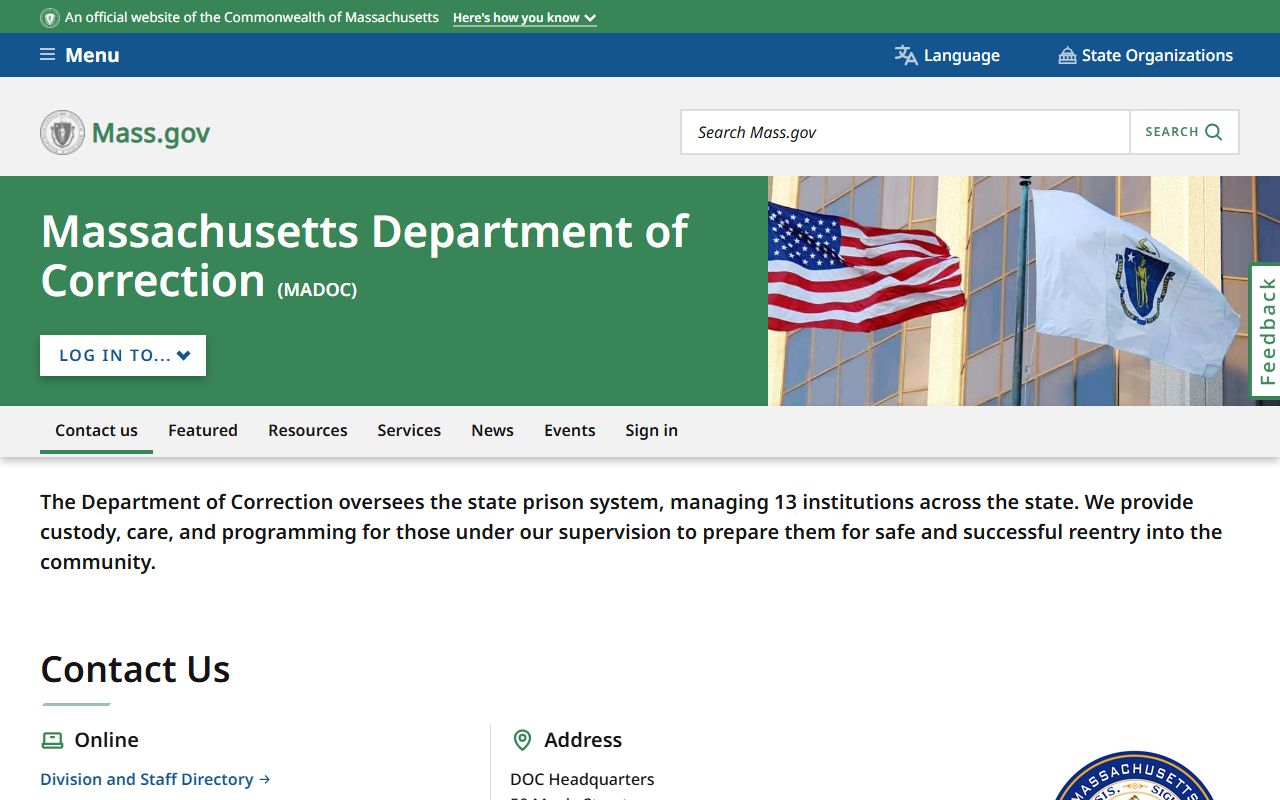 Massachusetts Department of Correction page used for Worcester County jail population data context