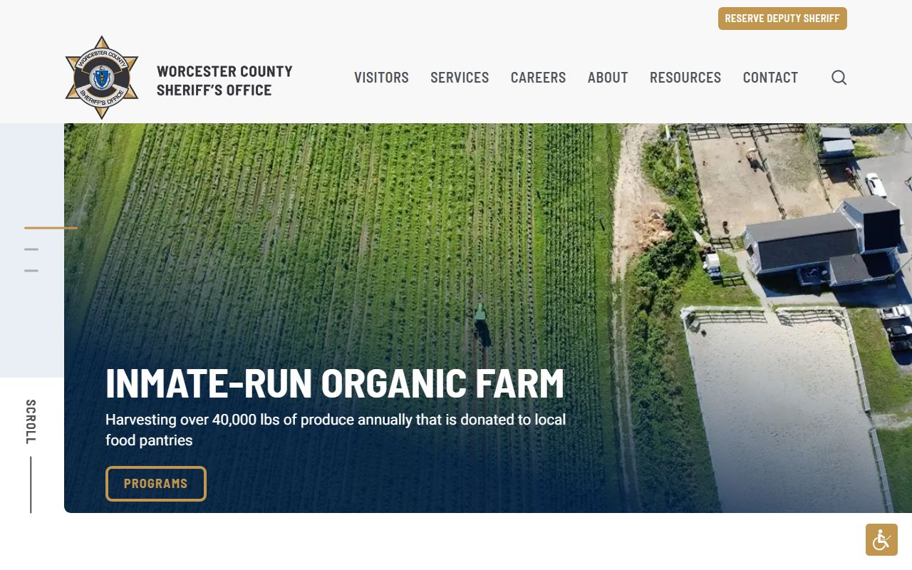 Worcester County Sheriff's Office homepage with jail and inmate program information