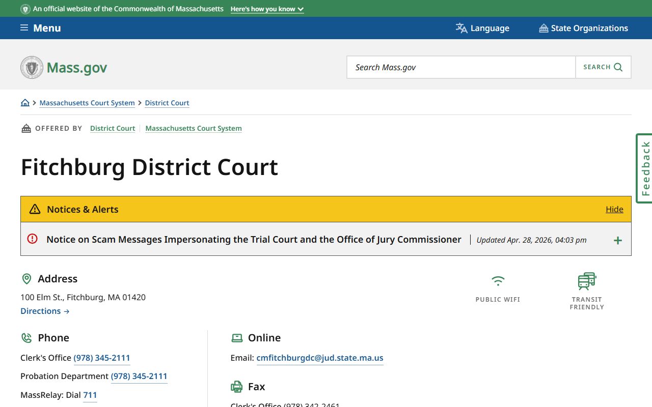 Fitchburg District Court location page for Worcester County civil and small-claims cases