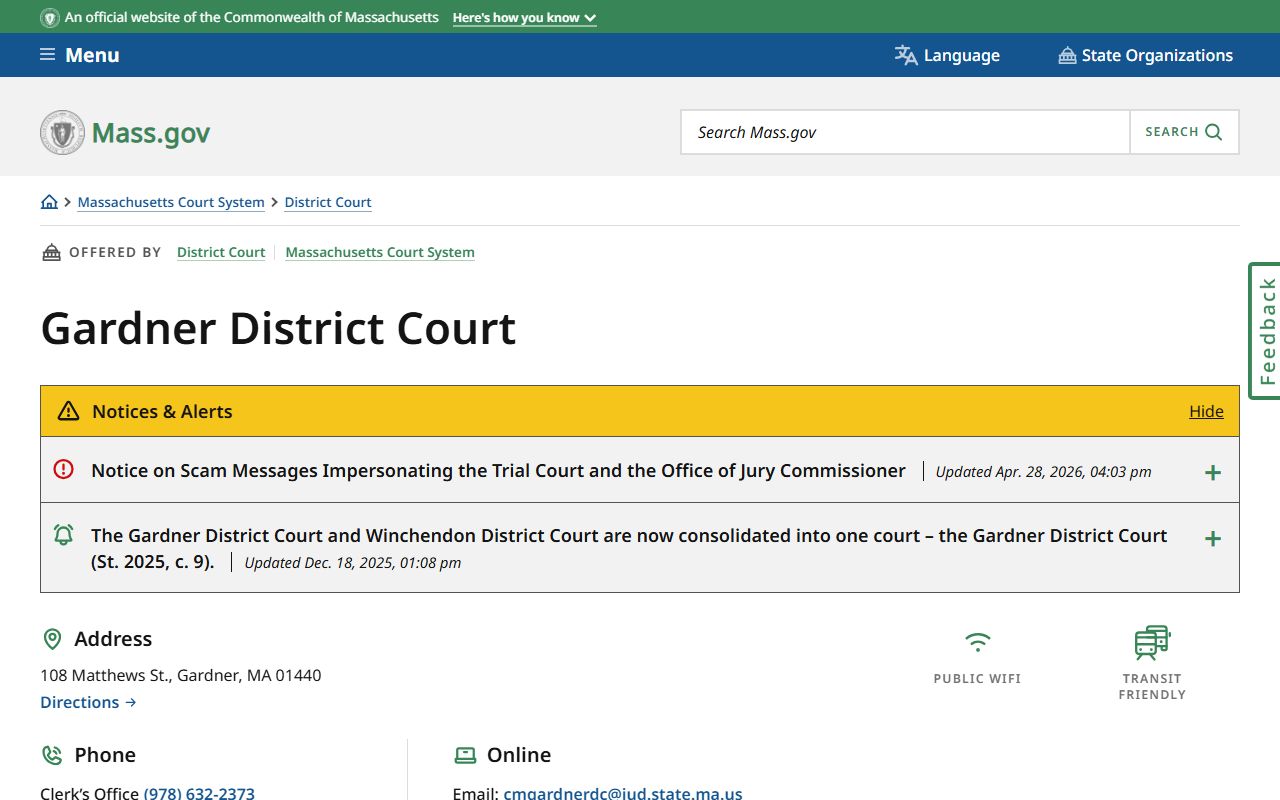 Gardner District Court location page for Worcester County criminal and traffic records