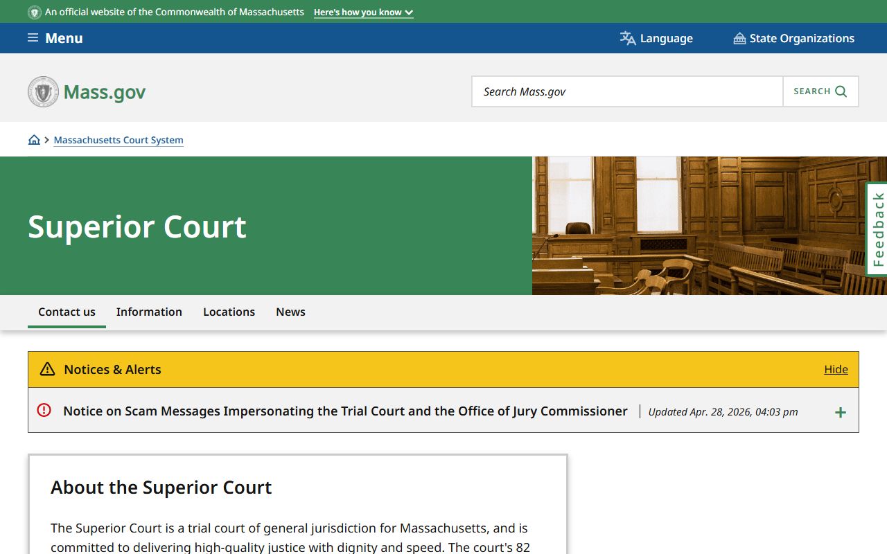 Massachusetts Superior Court page showing the higher trial court above Worcester County District Court