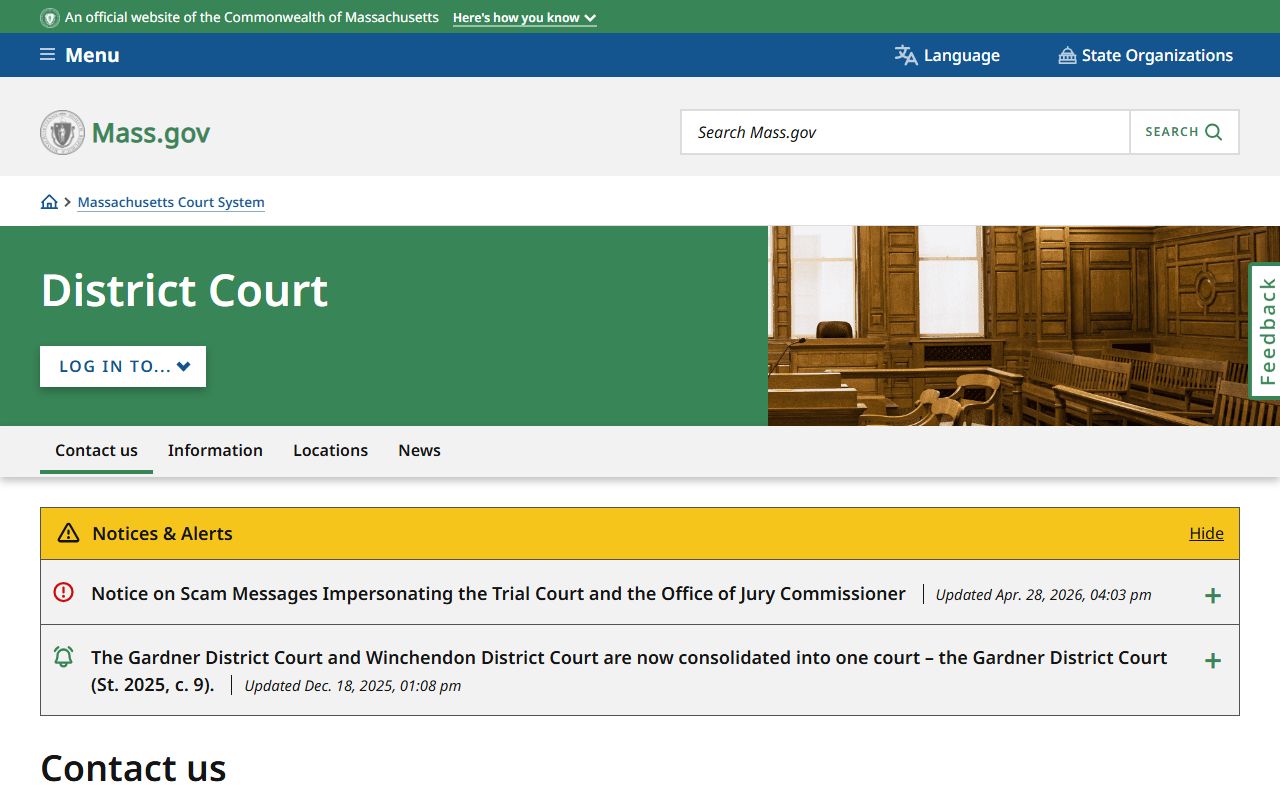 District Court department page used for Worcester County traffic court records search