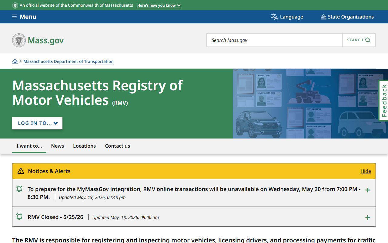 Massachusetts Registry of Motor Vehicles page for Worcester County traffic and driver records