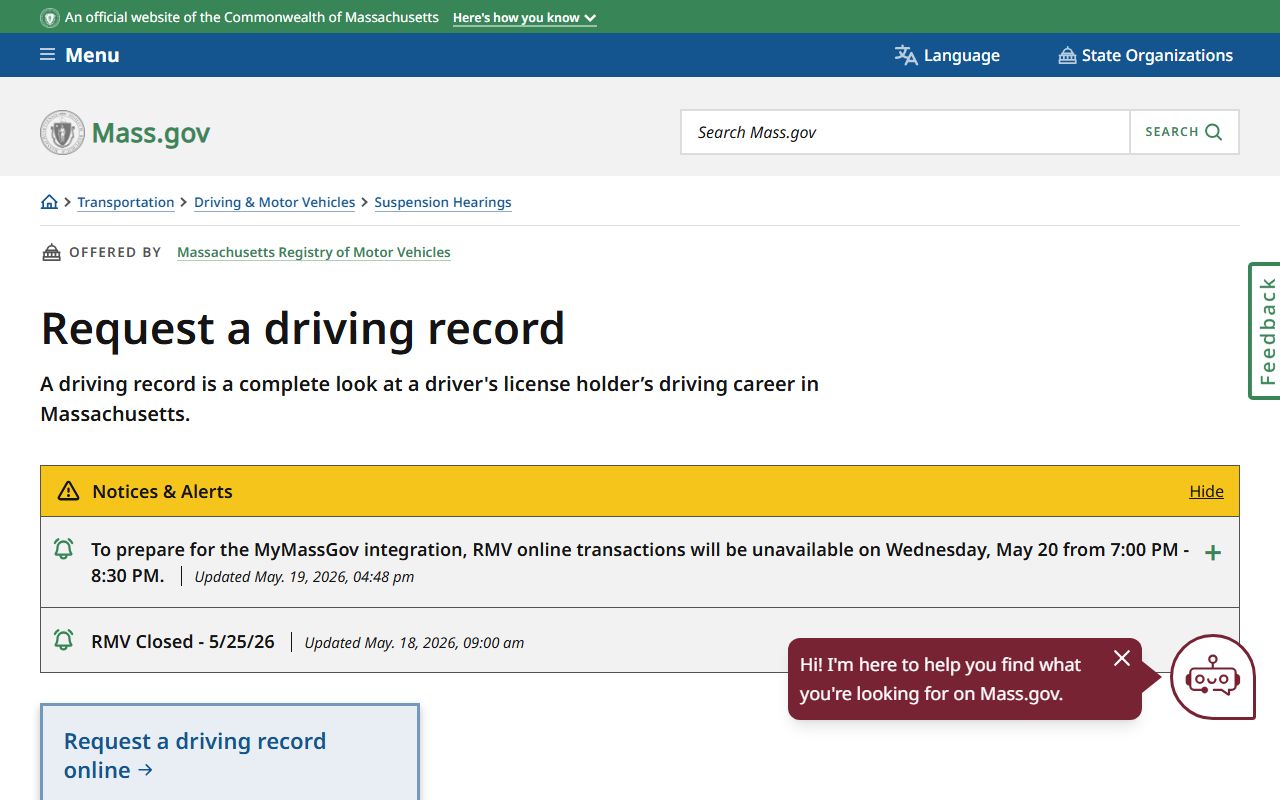 RMV driving record request page for Worcester County traffic and driver records