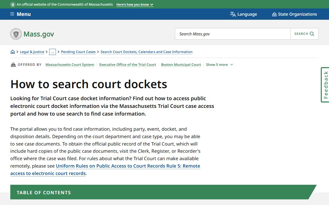 Mass.gov how to search Worcester County court dockets instructions page