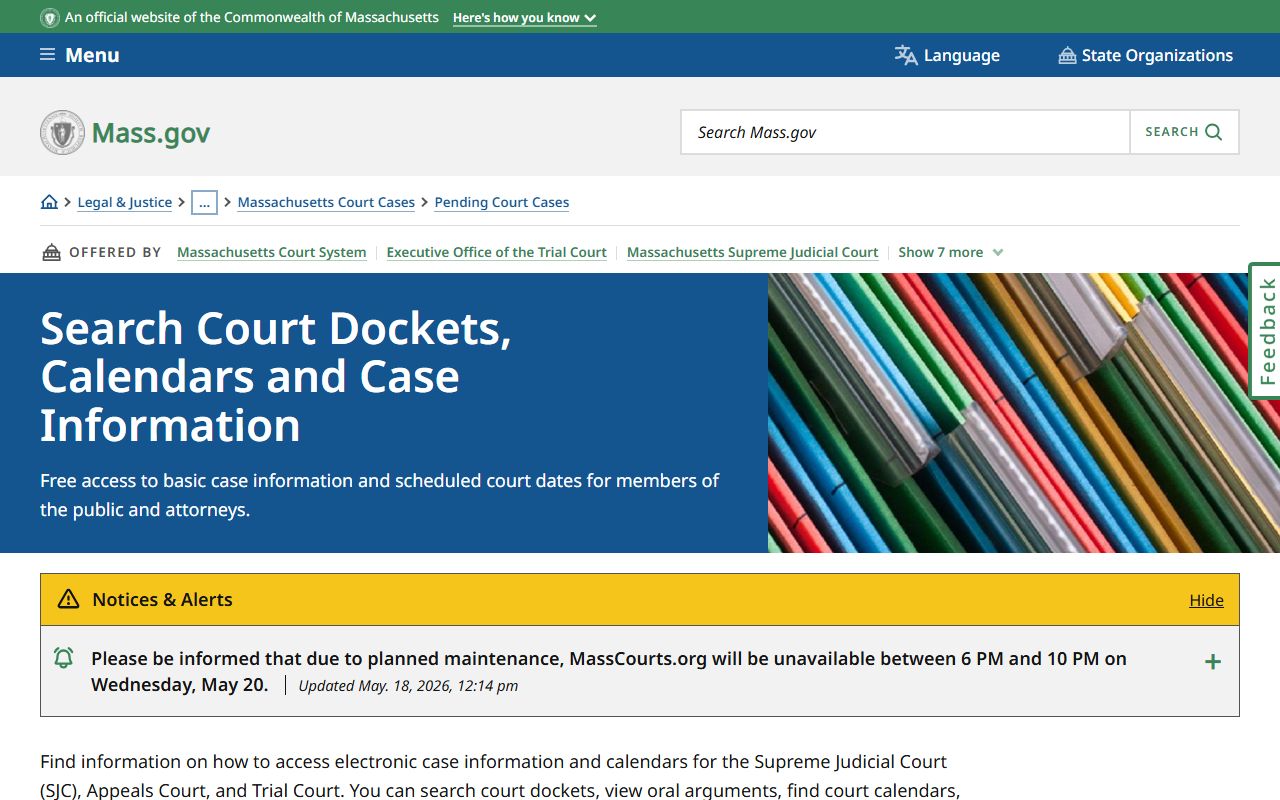 Worcester County court dockets hub on mass.gov for case and calendar search