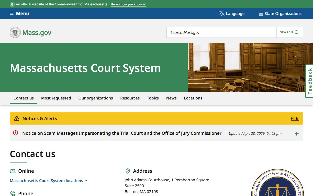 Massachusetts court system page used for Worcester County court records search