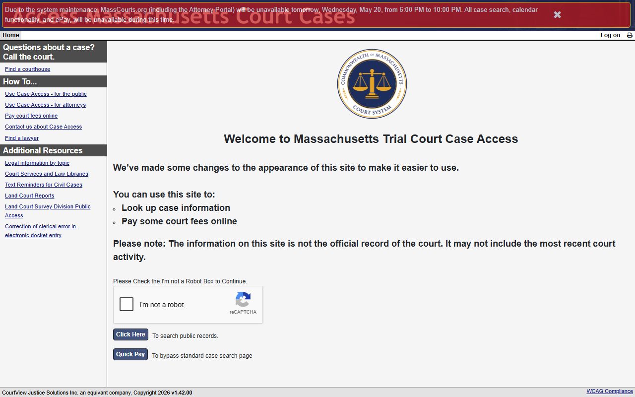 MassCourts eAccess portal home page for Worcester County court records search