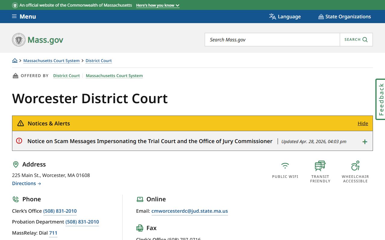 Worcester County District Court location page with courthouse address and contact